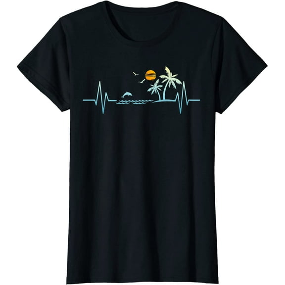 Heartbeat with Tropical Palm Trees Beach Island Sunset T-Shirt