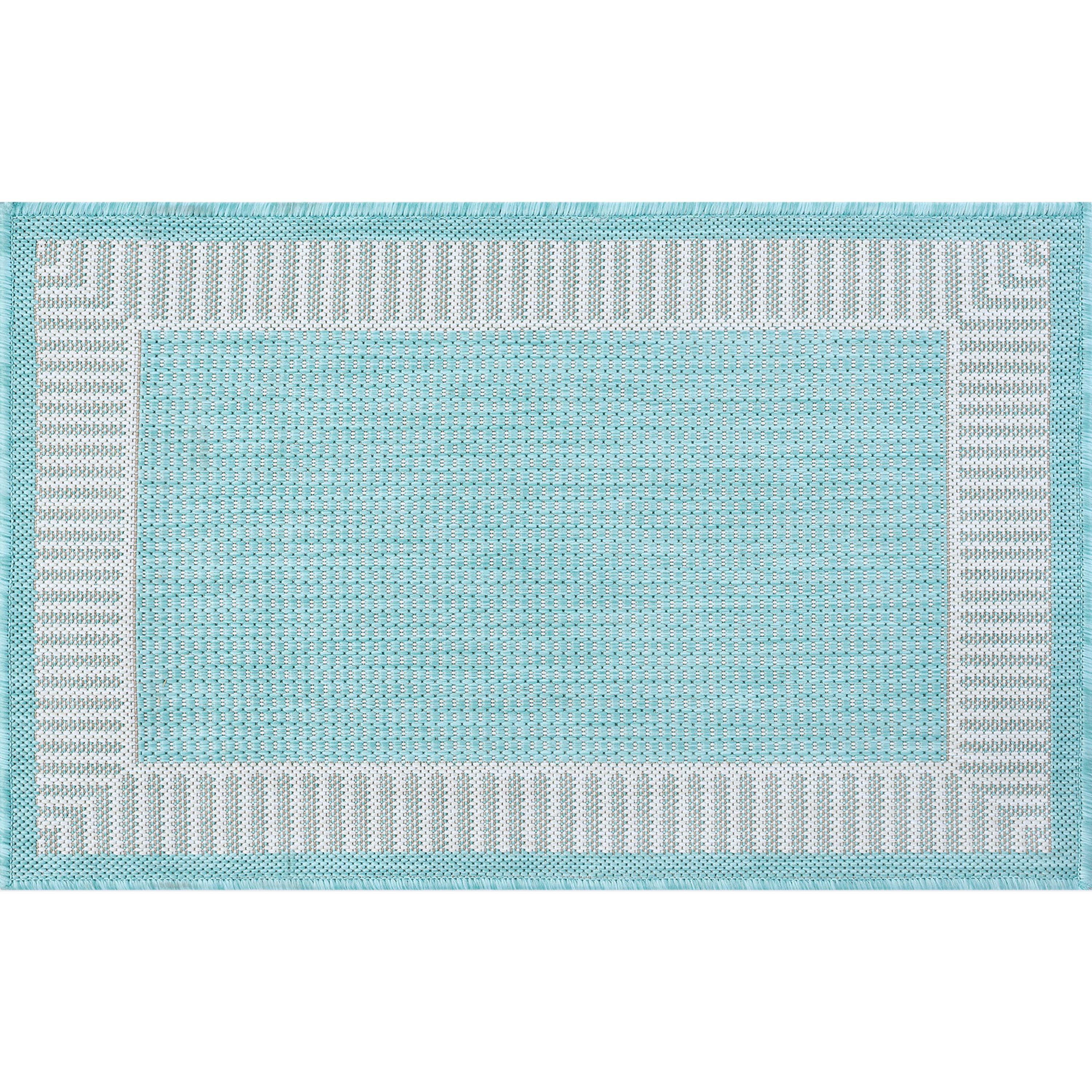 Bliss Rugs Striped Border Indoor Outdoor Rug Low-Profile Floor Mat for Patio, Entrance, Front Door |Aqua, 2' x 3'