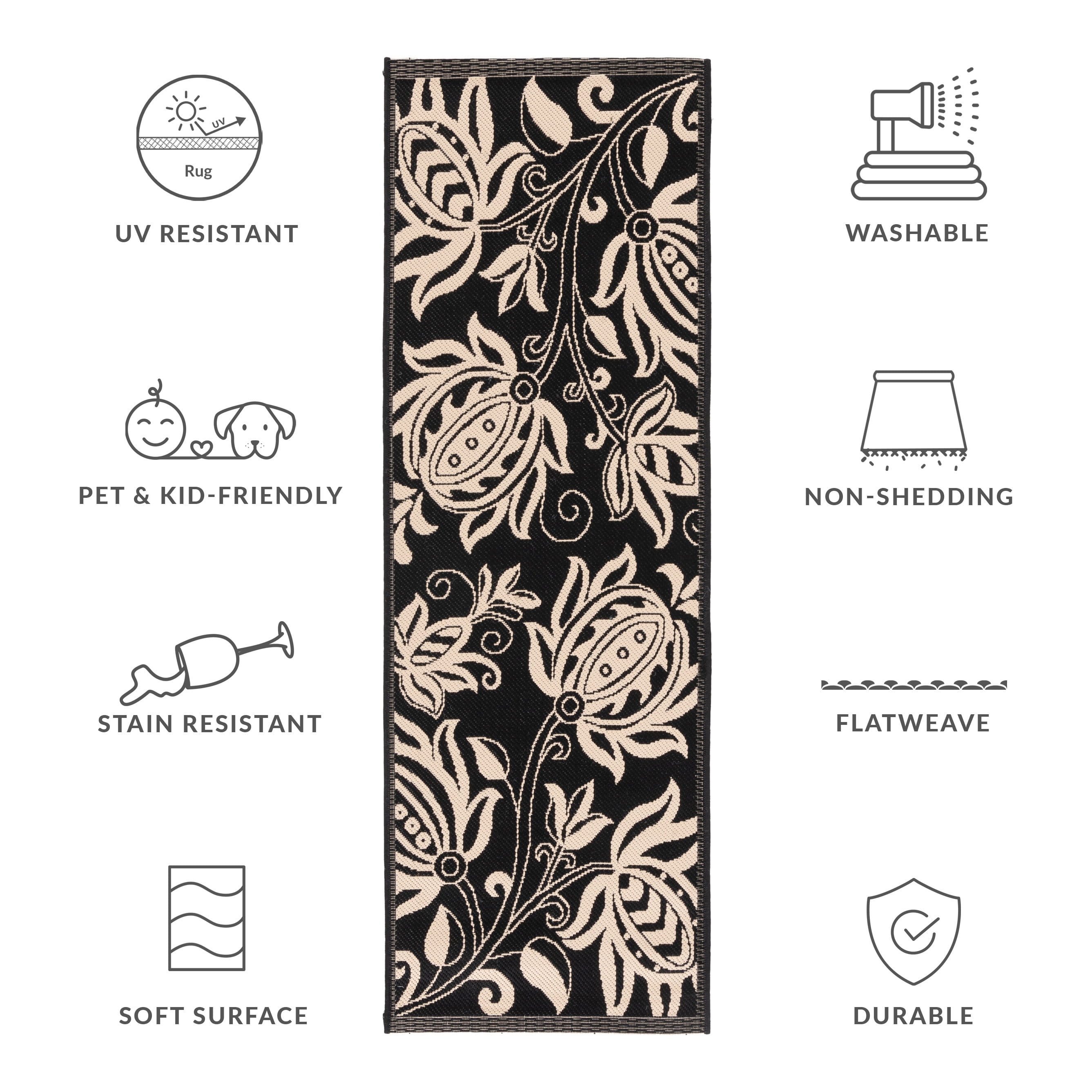 Safavieh Courtyard Crystal Floral Indoor/Outdoor Runner Rug, Black/Sand, 2'3" x 6'7"