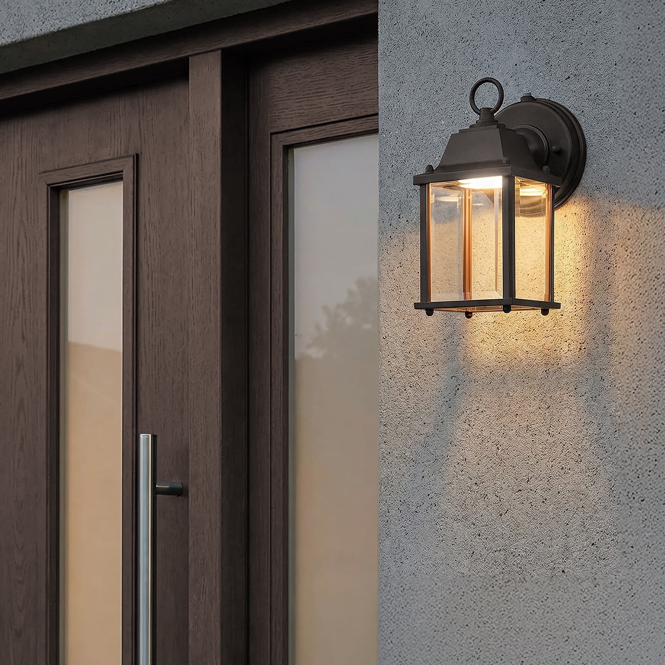 Maxxima LED Porch Lantern Outdoor Wall Light, Aged Bronze w/ Clear Glass, Dusk to Dawn Sensor, 650 Lumens, 3000K Warm White