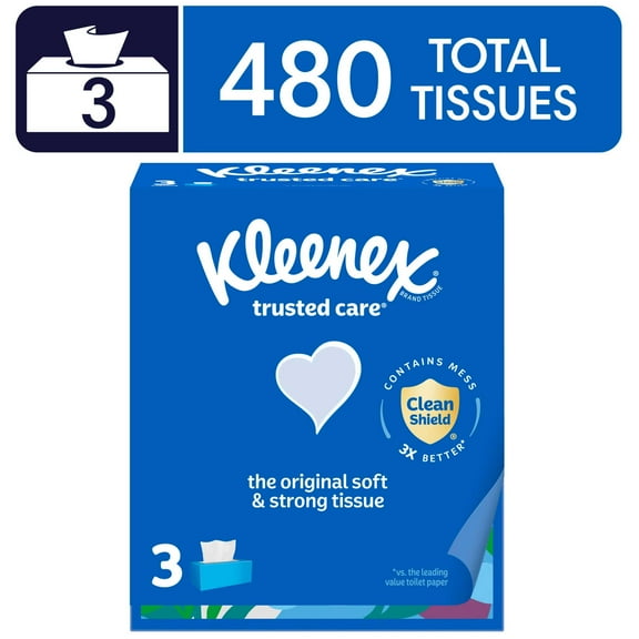 Kleenex Trusted Care Facial Tissues, 3 Flat Boxes, 160 Tissues per Box, 2-Ply