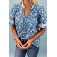 thumbnail image 2 of Chic Blue Floral Button Tie Neck Blouse for Women – Stylish Short Sleeve Top for Daily Outings, L, 2 of 5