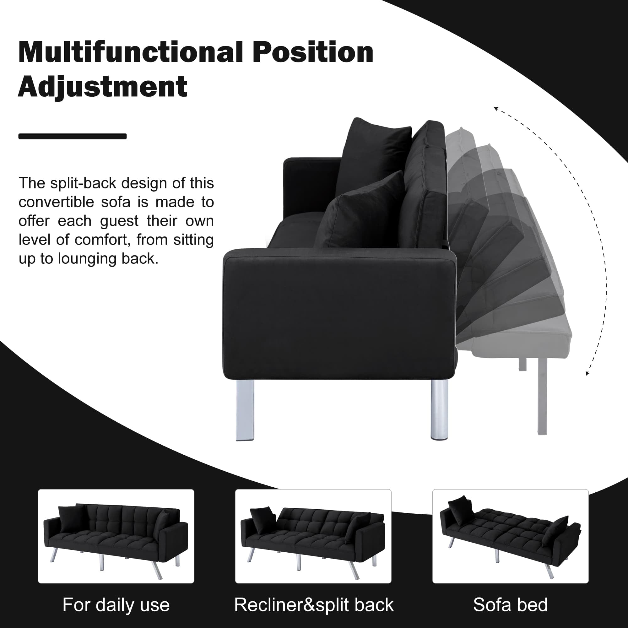 BSHTI Velvet Futon Sofa Bed 74” Convertible Sleeper – Split-Back 3-Position Adjustable, Solid Wood Frame, 2 Pillows, Easy Assembly, for Living Room Office Guest Room(Black)