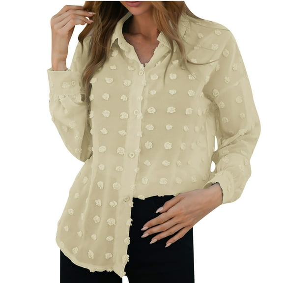 Womens Button Down Shirts Long Sleeve Solid Color Lapel Jacquard Casual Loose Blouse T Shirts