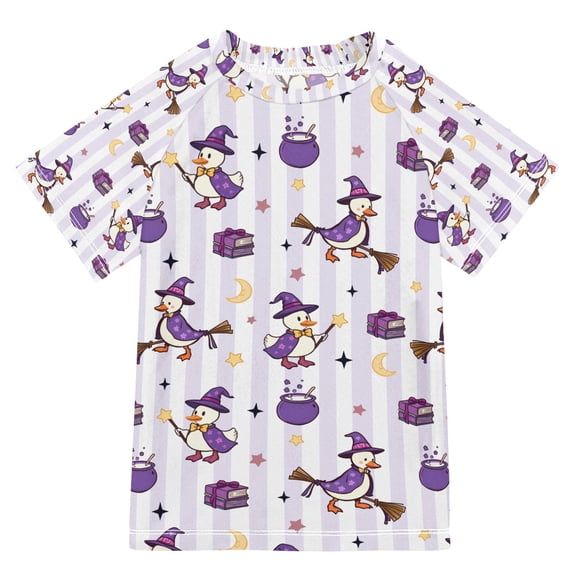 FORMRS Boys Rash Guard Short Sleeves Swim Shirt Quick Dry UPF 50 Sun Protection, Sizes 3-12T, Purple Halloween Gooses