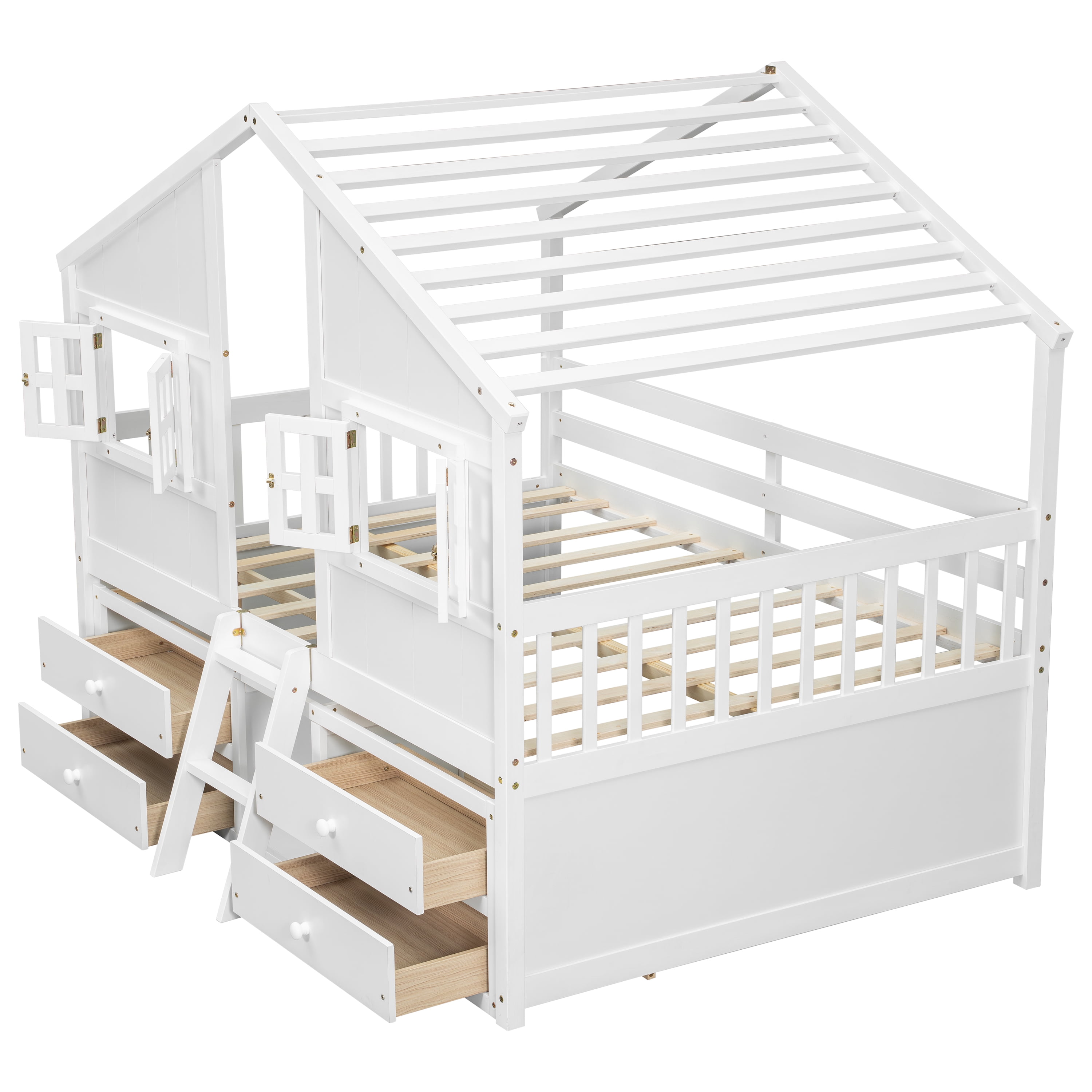 Aukfa Full Size House Bed Frame with 4 Storage Drawers, Wood Low Loft Playhouse Bed with Roof and Fence for Kids, Boys, Girls, and Teens, White