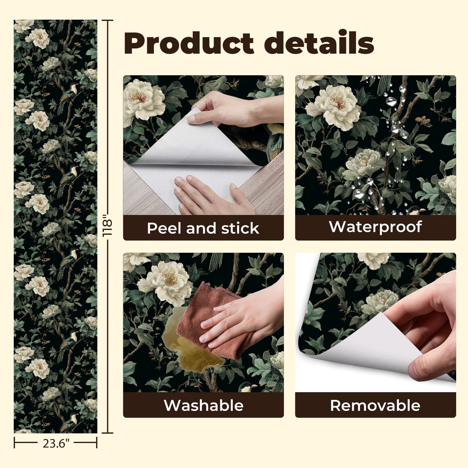 Peel and Stick Wallpaper Vintage Botanical White Peonies Birds Dark Green Wall Mural 23.6in x 9.8ft Self Adhesive Removable Wall Paper Renter Friendly Wallpaper for Girls Women Bedroom Livingroom