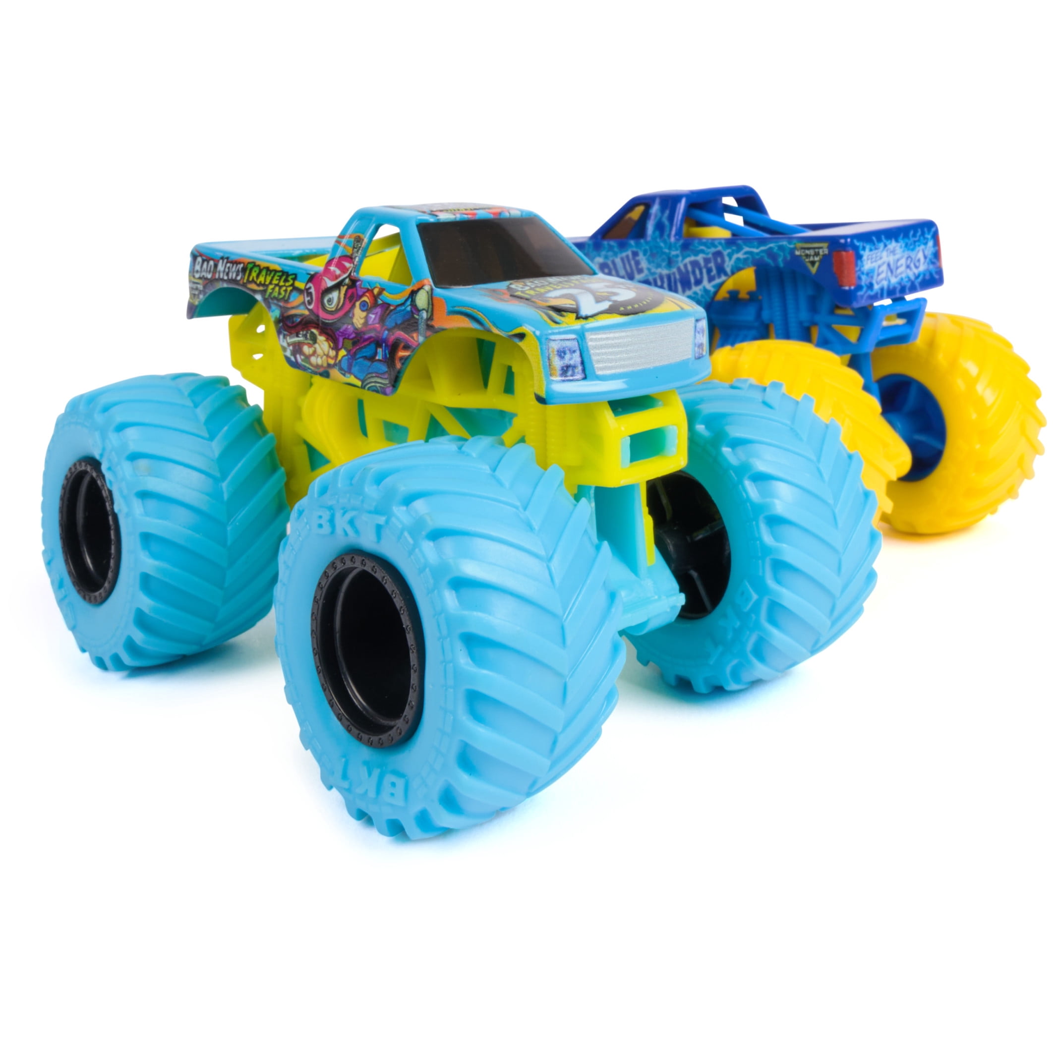Monster Jam, Blue Thunder Vs. Bad News Travels Fast Die-Cast Monster Trucks, 1:64 Scale, Kids Toys for Boys Ages 3 and up