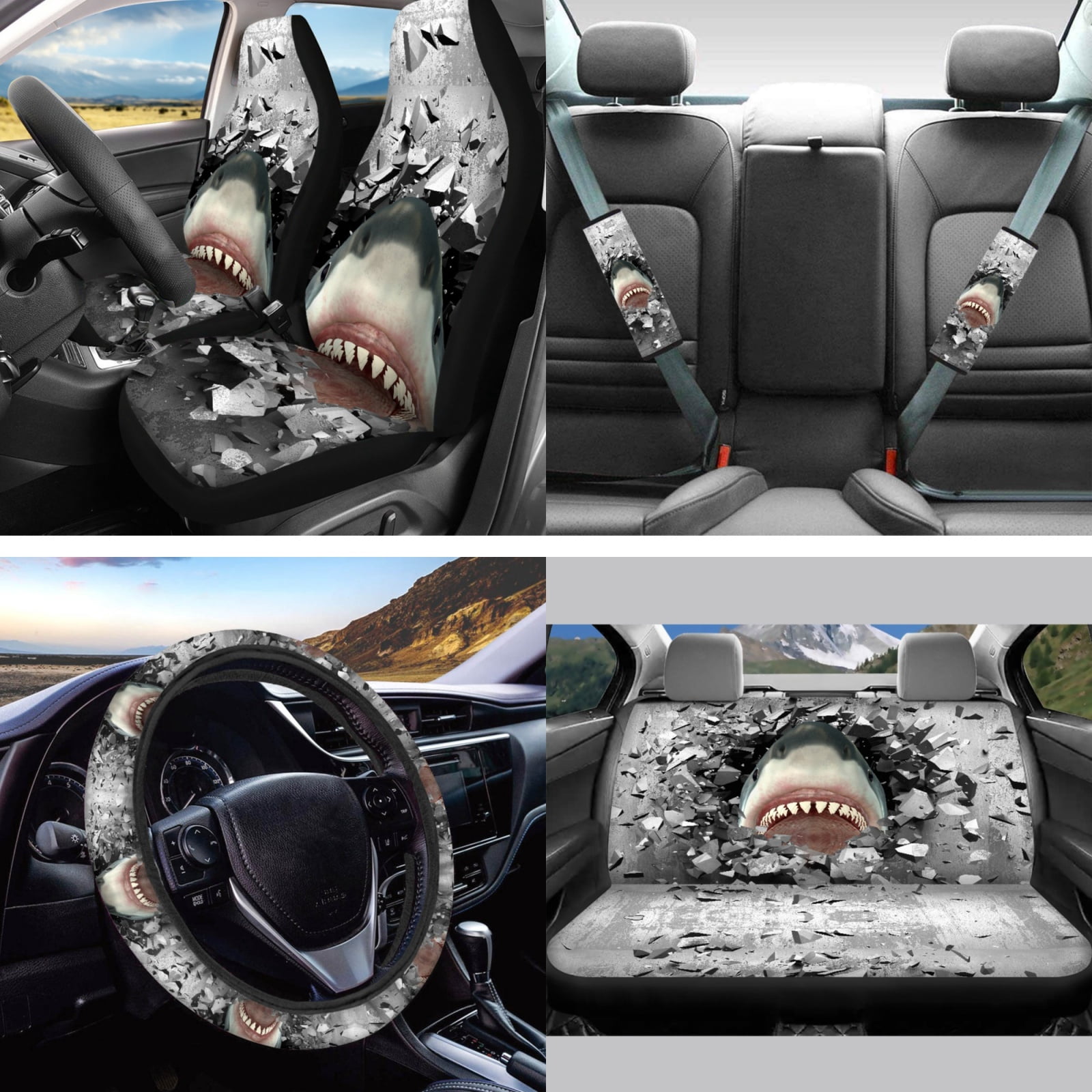Jeiento 3D Shark Print Car Seat Covers Full Set of 13 Steering Wheel Cover Seat Belt Cover Car Trash Bag Rearview Mirror Cover Keyrings Lipstick Holder Auto Accessory Interior Decor