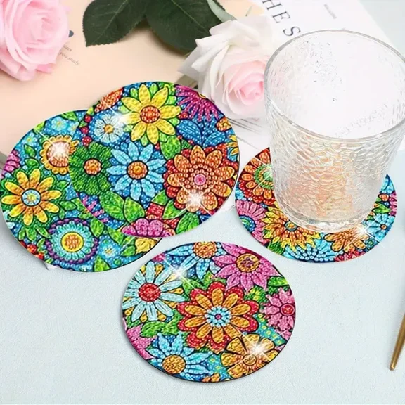 (Weiyi-EC)-- 16 Pcs Diamond Art Painting Coaster Kit Flowers DIY Crafts Kit With Holder And Wooden Pad Non Slip Coaster Art Supplies For Adults And Beginner Ideal Mother's Day Easter Gift **--( 8;lj)