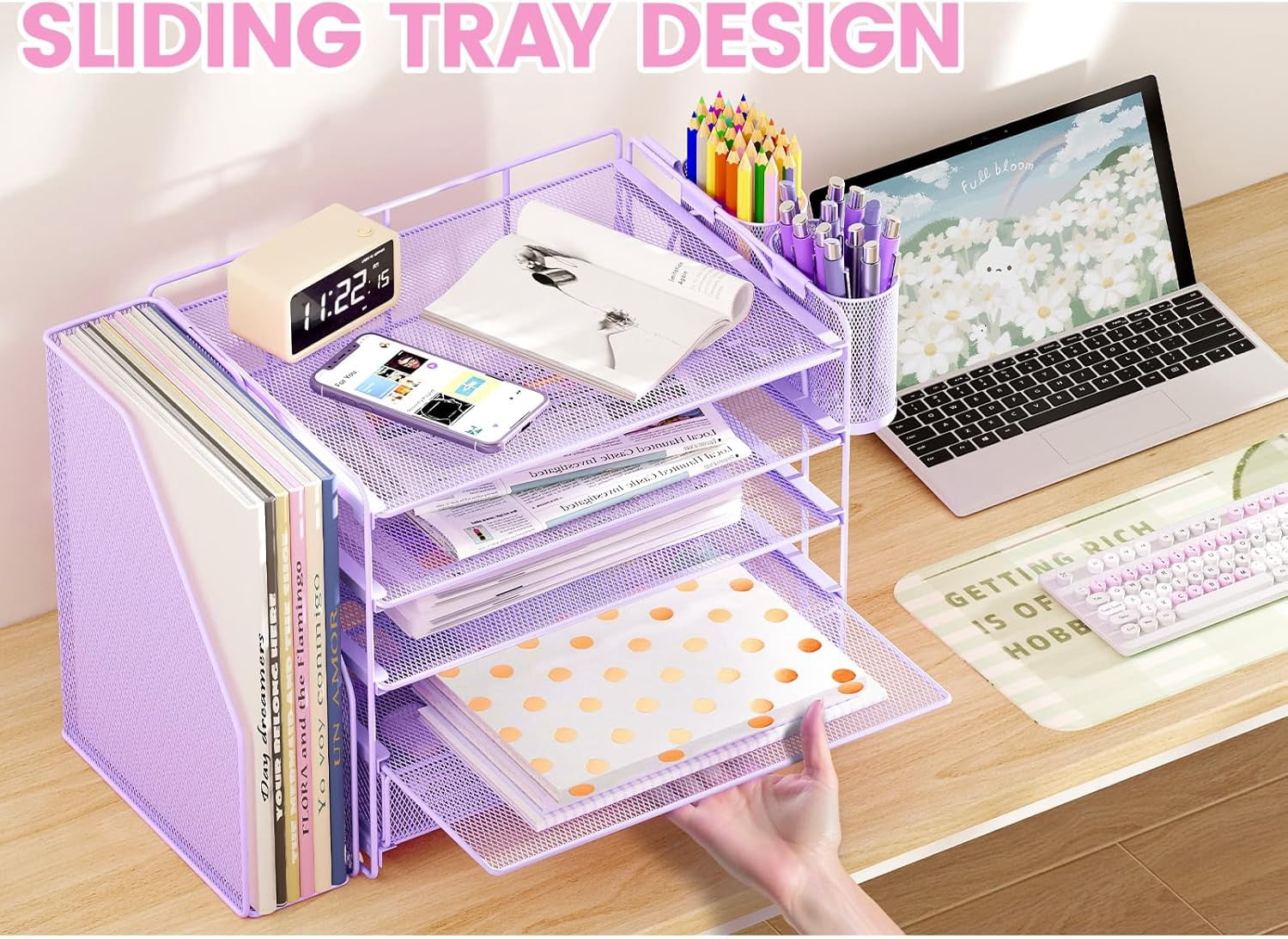 ThrottleT-Desk Organizers and Accessories with File Holder, 5-Tier Office Desk Accessories & Workspace Desktop Organizer with Drawer and 2 Pen Holder, File Paper Organizer for Office Supplies(Purple)