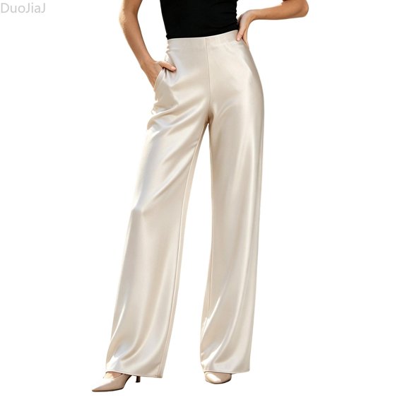 DuoJiaJ Womens Wide Leg Pants, Satin High Rise Smooth Draping Casual Beige L