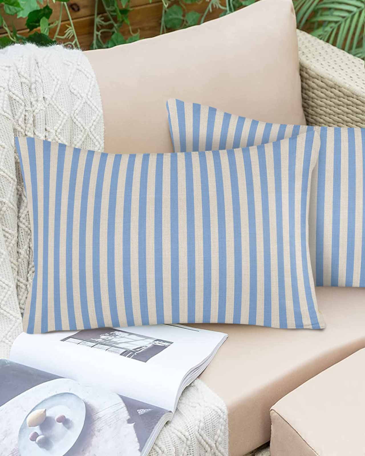 Outdoor Waterproof Throw Pillow Covers Set of 2 Blue Stripes Pillowcases Lumbar Outdoor Pillows Cushion Case 20x12 Inch Linen Classic Vertical Striped Patio Pillows for Couch Sofa Bed Garden