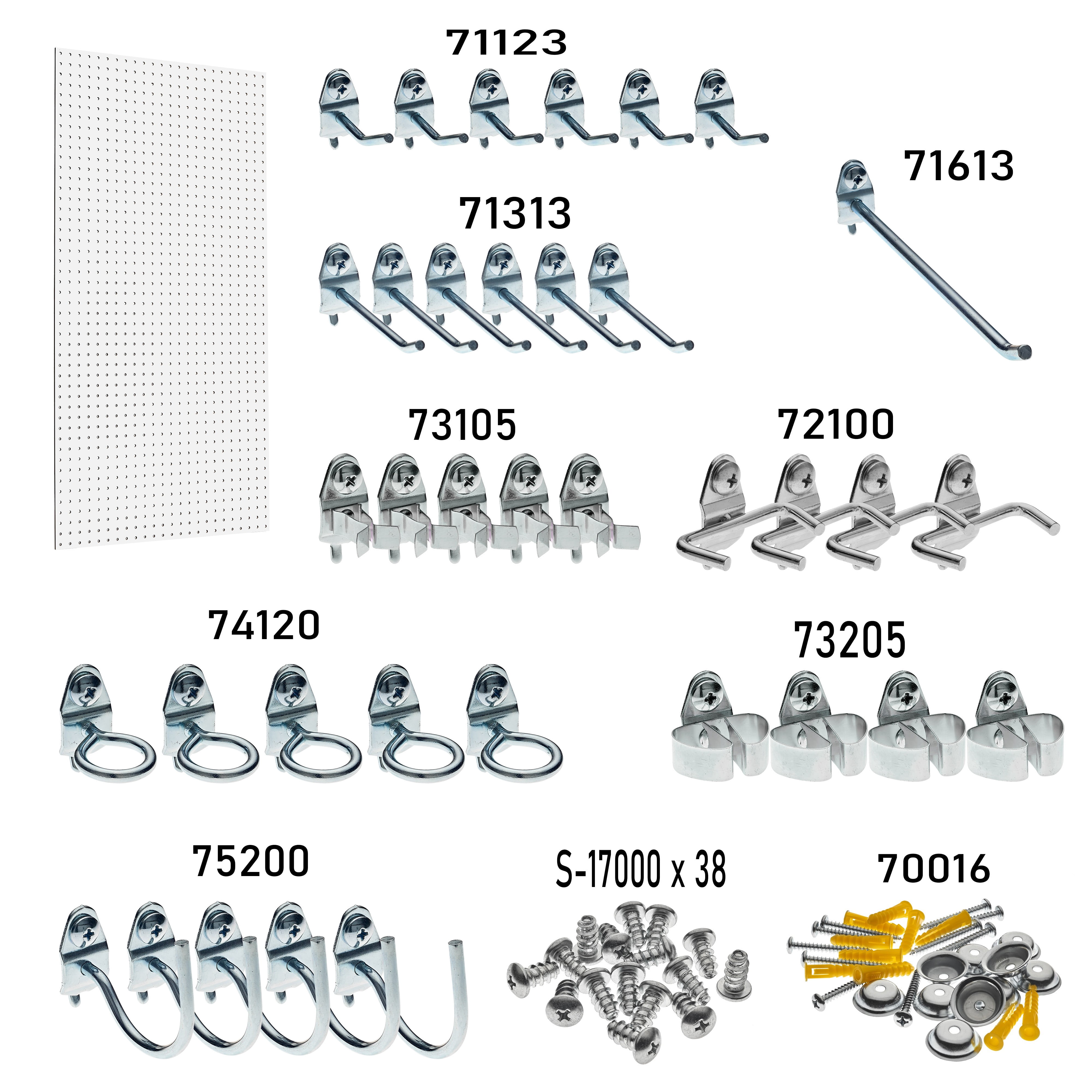 Triton Products® Wall Ready White Pegboard Kit 24 In. W x 42 In. H x 1/4 In. D Heavy Duty High Density Fiberboard Round Hole Pegboards with 36 pc. Locking Hook Assortment