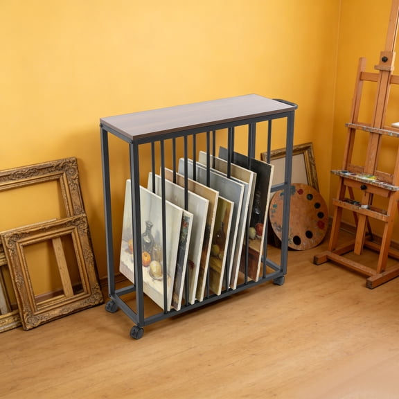 Multi-Compartment Painting Drying Rack - Free Standing Storage for Artwork & Supplies, Modern Black Iron Design with Top Plate