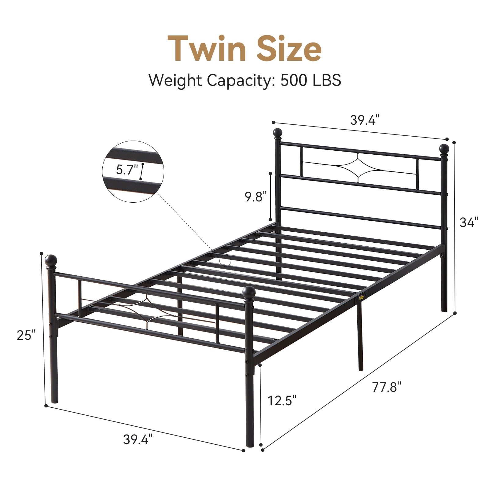 Sailvan Twin Bed Frame, Heavy-duty Metal Bed Frames with Headboard, No Box Spring Needed, Black
