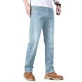 thumbnail image 4 of Pantalones vaqueros de hombre con forro polar, corte recto, elásticos, cálidos for el invierno, color azul claro, 4 of 7