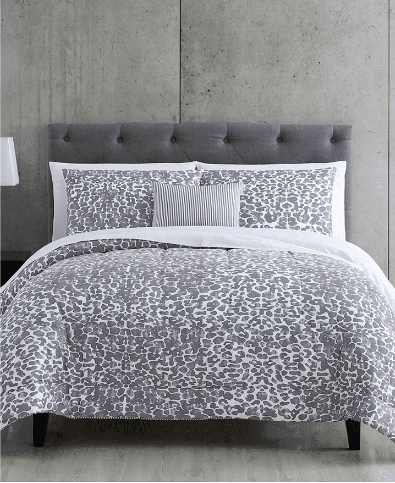 Gray Leopard Print with Completely Reversible Pinstripe QUEEN Comforter Set  (12 Piece Bed in A Bag) 