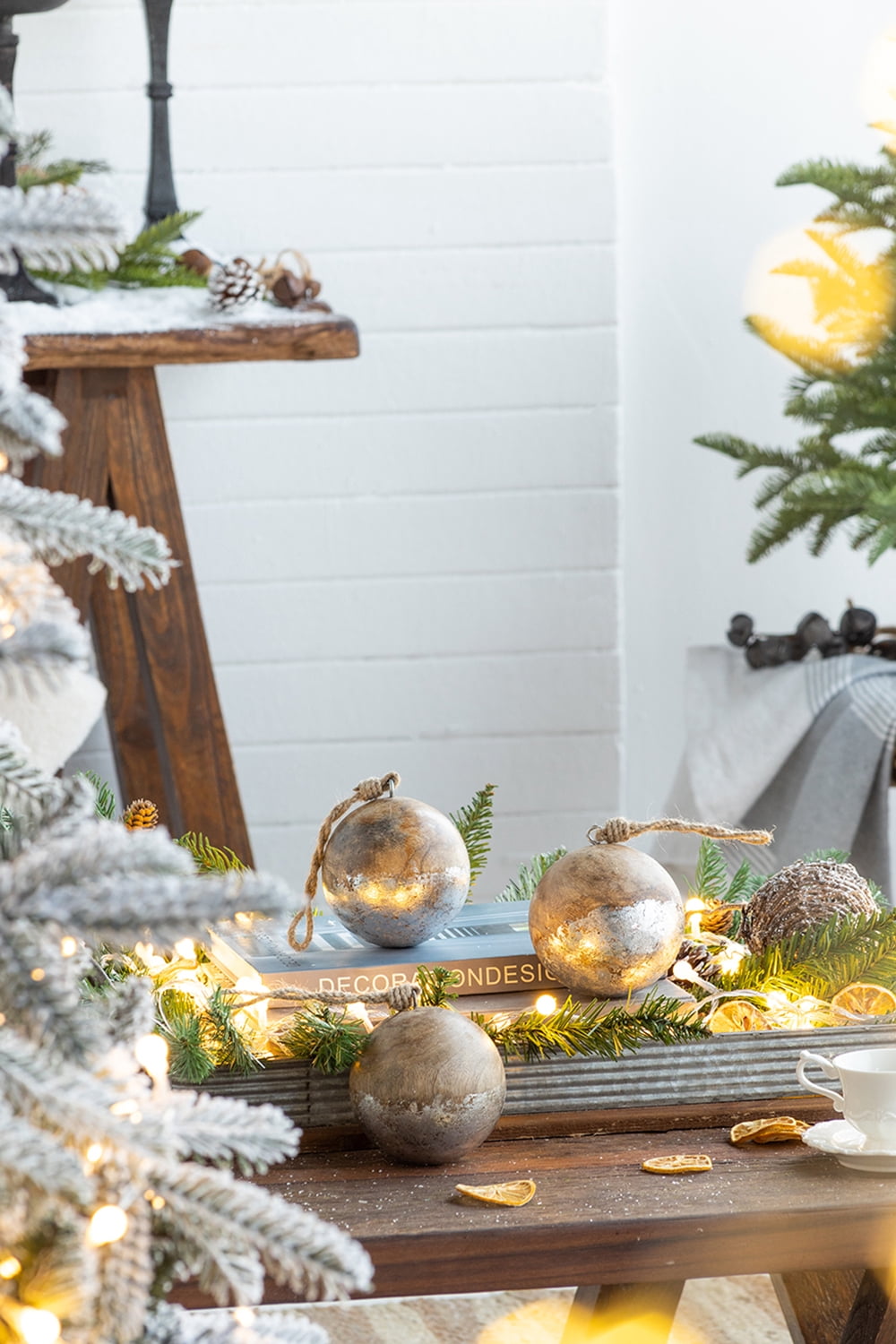 Set of 4 Natural Wood and Antiqued Silver Ball Ornaments Mango Wood Jute Hanger Tree Decor