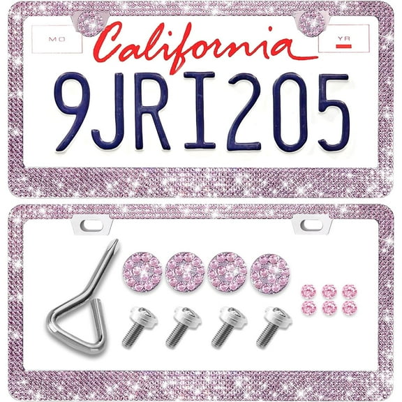 Bling License Plate Frame, 2 Pack Rhinestone License Plate Frames Holder Cover for Women (PinK)