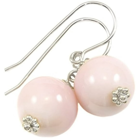 Sterling Silver Opal Earrings Soft Pink Round Smooth Simple Dangle Drops Silvertone Beaded Accents Designed for Adult Women