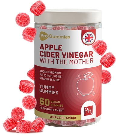 Apple Cider Vinegar Gummies with The Mother 1000mg | Enhanced with Vitamin B12, Vitamin B6, Folic Acid, Chromium, Iodine | 60 Vegan ACV Gummies (not Capsule) | Apple Flavours | Made in UK by Prowise