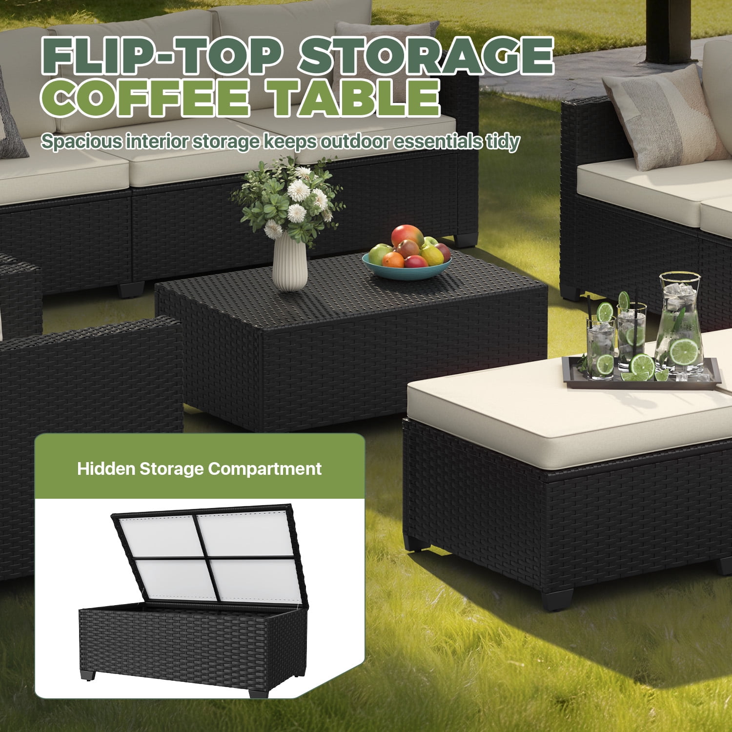 BaPiPro 7-Piece Beige PE Rattan Outdoor Sectional Sofa Set, Patio Furniture with Storage Table, Convertible Ottomans & Weather Resistant Cushions for Backyard & Poolside