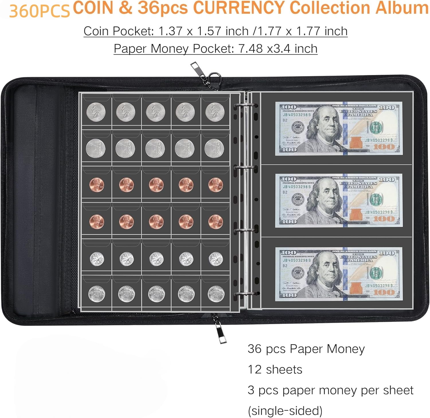 Coin Collection Album for Collectors with Lock, 360 Pockets Fireproof Coin Holder Book & 36 Paper Currency Binder Sleeves, Coins Storage Collecting Organizer for Pennies,Bill,Tokens,Badges