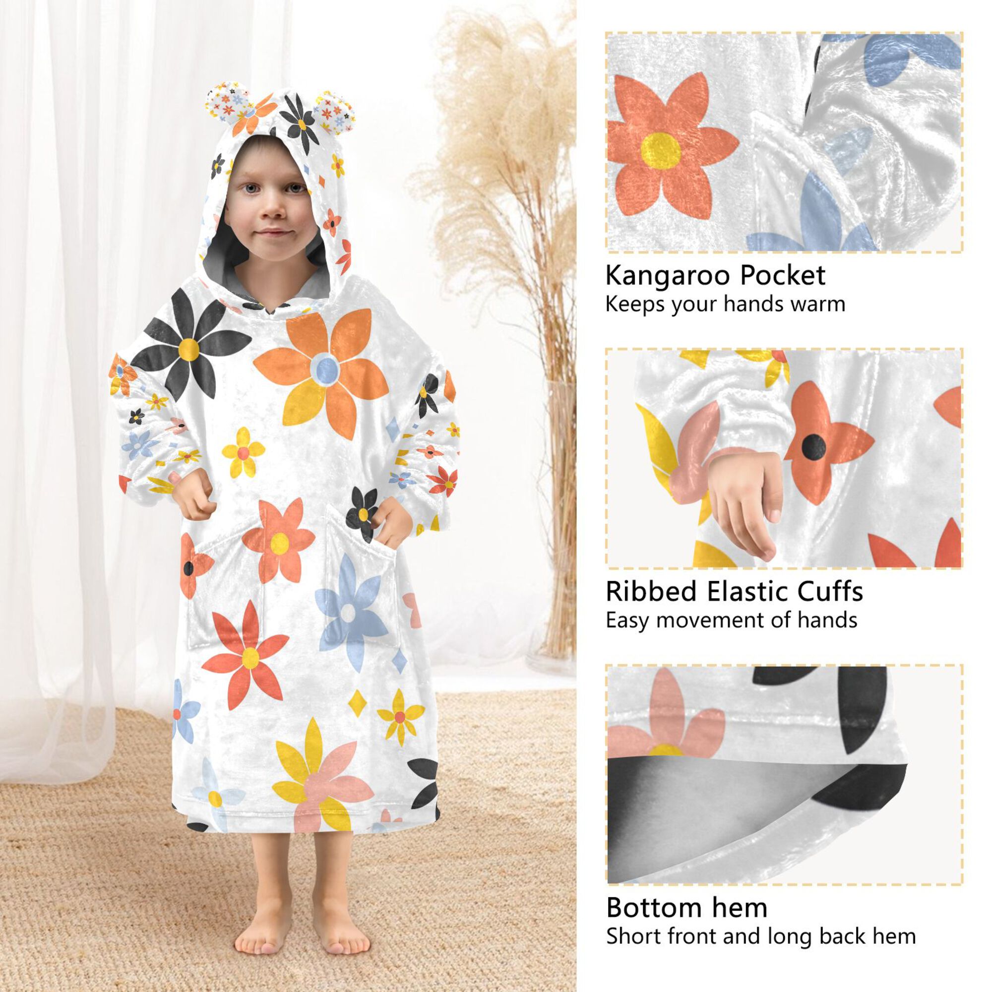 FORMRS Wearable Blanket Hoodie with Sleeves for Kids Cozy Flannel Sweatshirt, Colorful Retro Floral