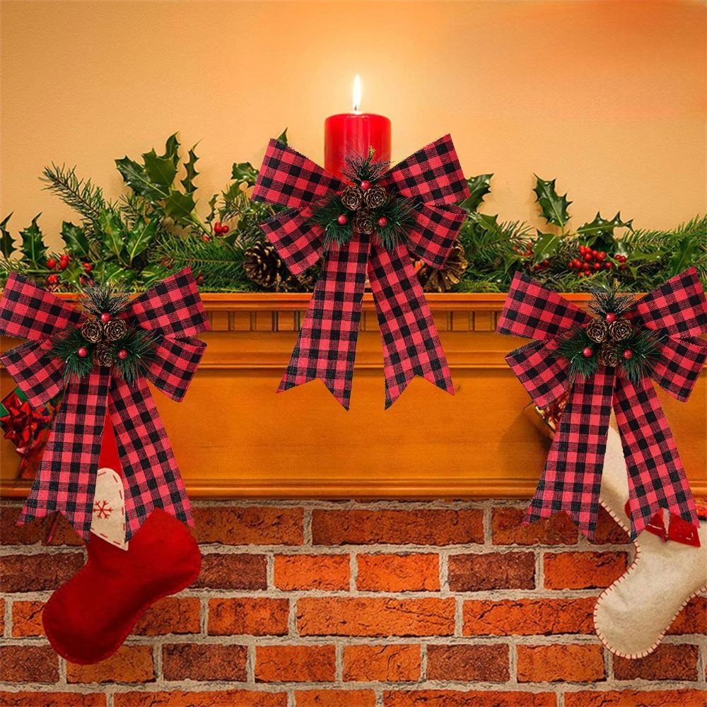 9*12 inch, Large Velvet Christmas Tree Bows, Christmas Bows with Pine Cones Pine Needles, Large Christmas Bows for Tree Wreath Stairs Railing Fireplace Indoor Decor