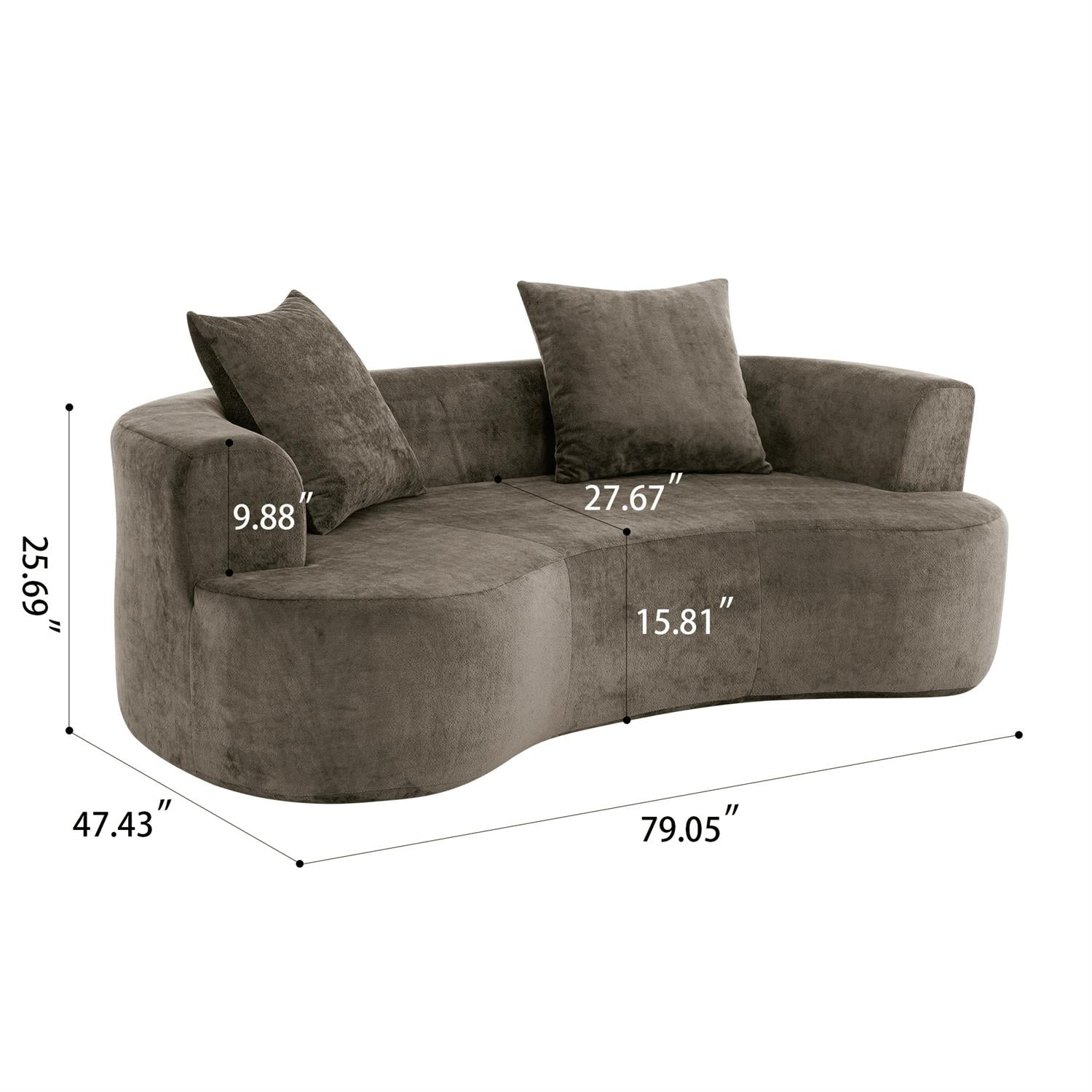 Demi Bonn 79" Moon Shaped Modern Sofa Bed, Deep Seat Cat Waist Sectional, Chenille Fabric Compressed Sponge Couch for Living Room, Gray