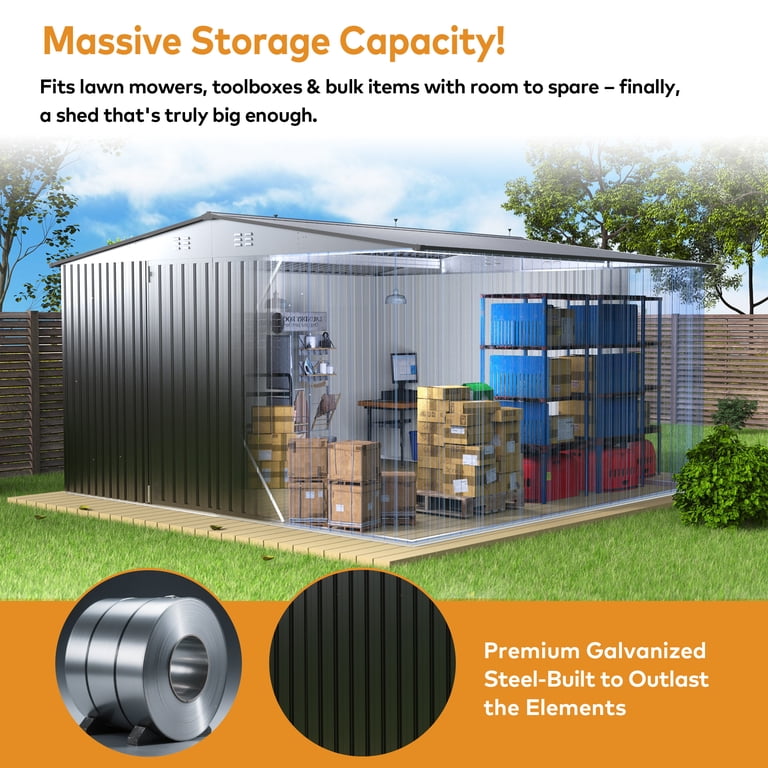 EASYHAWK, Steel Outdoor Storage Shed, 14ft x 12ft, Heavy-Duty