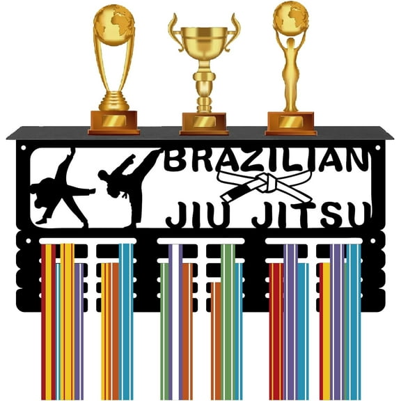 Brazilian Jiu Jitsu Medal Holder Trophy Shelf Medal Hanger Display with Shelf Stand Sports 4 Rows Wall Mount Hold 70  Medals DIY for Men Women Soccer Running Swimming Awards Rack 15.7 x 7.9Inch
