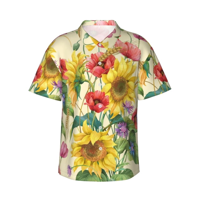 Fotbe Sunflower Cornflower Poppy Camisa Hawaiana para Hombre Unisex – Camisa Casual de Verano con Botones de Manga Corta de Algodón y Lino,3X-Large
