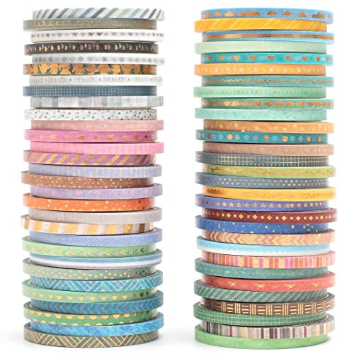 60 Rolls Skinny Washi Tape Set Gold Foil Masking Thin Basic Patterns Decorative Tapes for Arts, DIY Crafts, Journals, Planners, Scrapbook, Wrapping