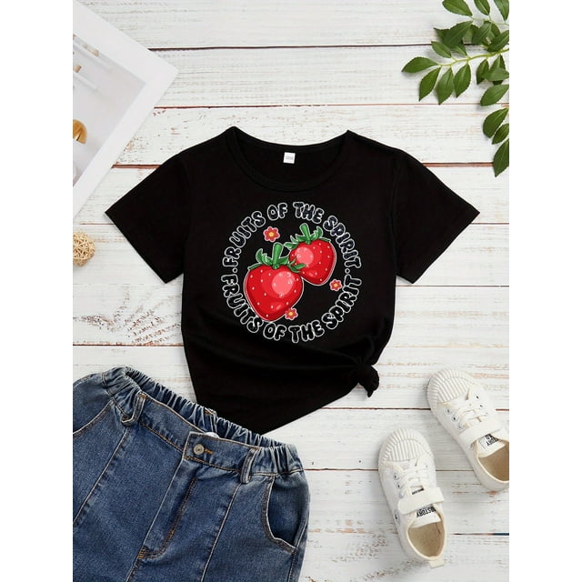 T-Shirt d'Été pour Filles avec Imprimé Fraise Mignon - Coton Décontracté, Respirant, Lavable en Machine, Imprimé