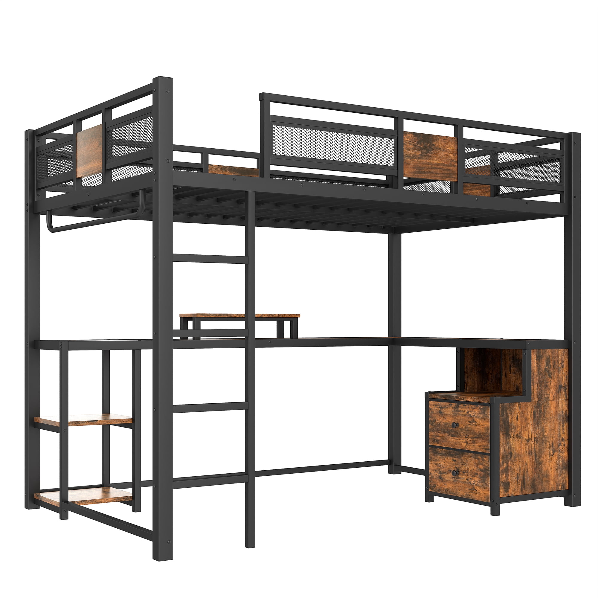 Leumius Full Size Loft Bed with Desk and Storage Drawers,Industrial Style Metal Loft Bed Frame with Ladders,Space-Saving/Noise Reduced,Black