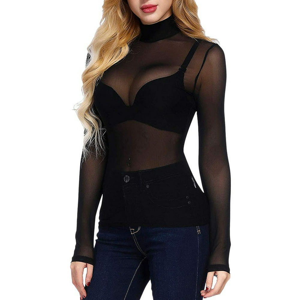 Lookwoild Women Long Sleeve Mesh See Through Solid Color Tops For Party Club Clothing 