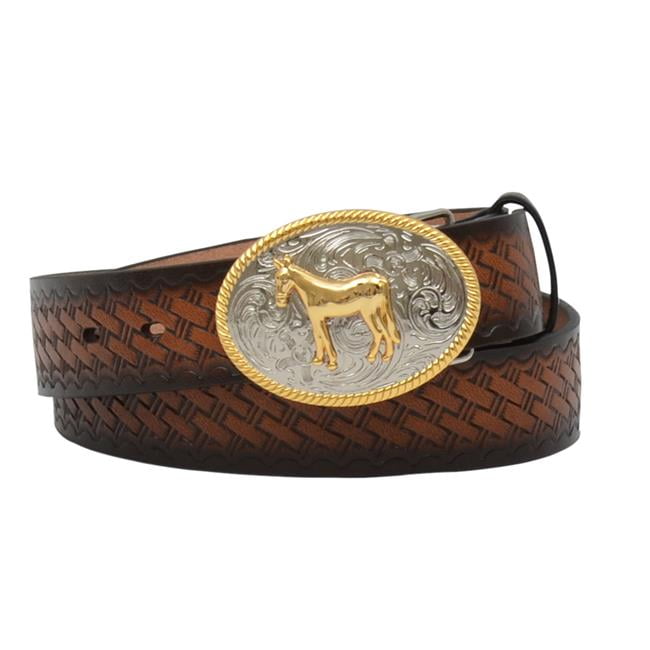 3D Western Boys Belt Kids Leather Basketweave Embossed Brown DB3072