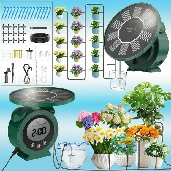 Alarm-Clock Shaped Solar Drip Irrigation System - Indoor/Outdoor Use, Automatic Watering Kit with 2200mAh Battery & Humidity Monitoring for Gardens, Potted Plants