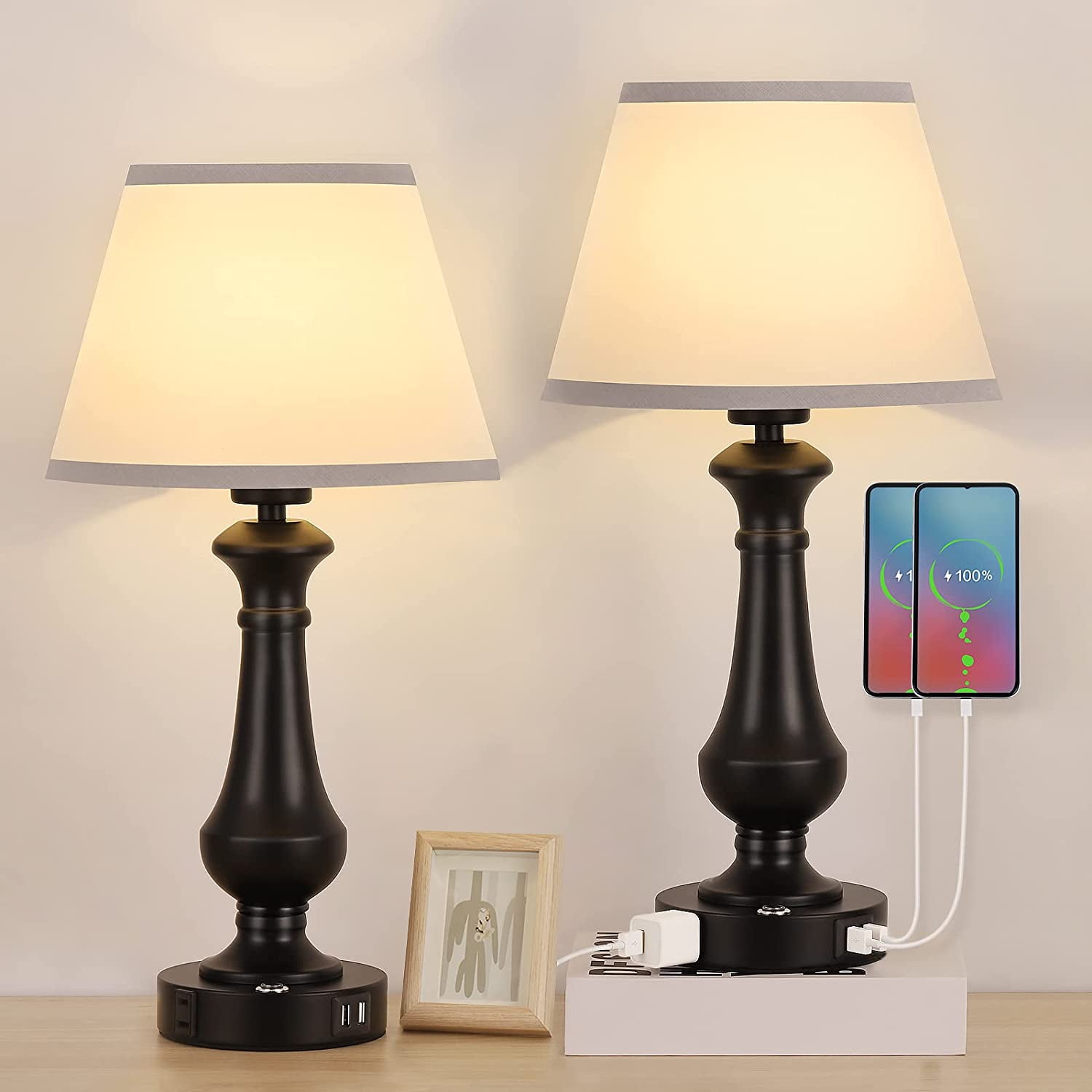 Touch Control Table Lamp with 2 USB Charging Port AC Outlet Set of 2 ...