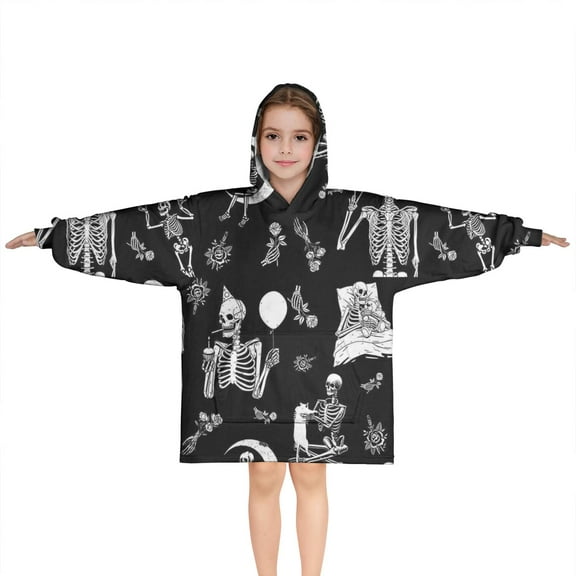 Halloween Skeleton Fun Pattern Blanket Hoodies for Kids 6-13YR Oversize Wearable Blanket Hoodies for Boys Girls Teens