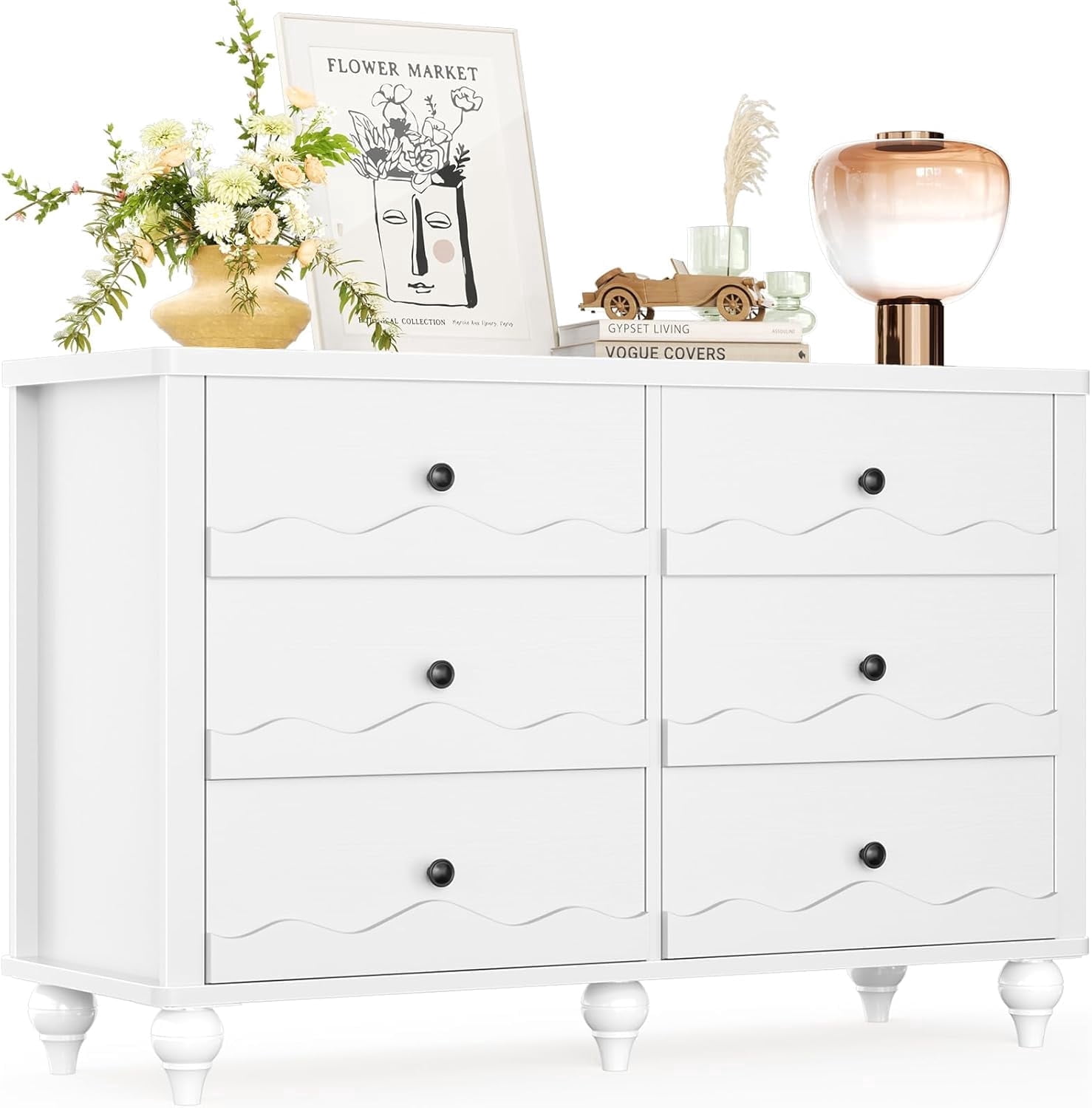 Homieasy 6-Drawer Dresser for Bedroom - 43" Modern Chest of Drawers with Scalloped Front, Storage Organizer for Living Room, Hallway & Entryway,White