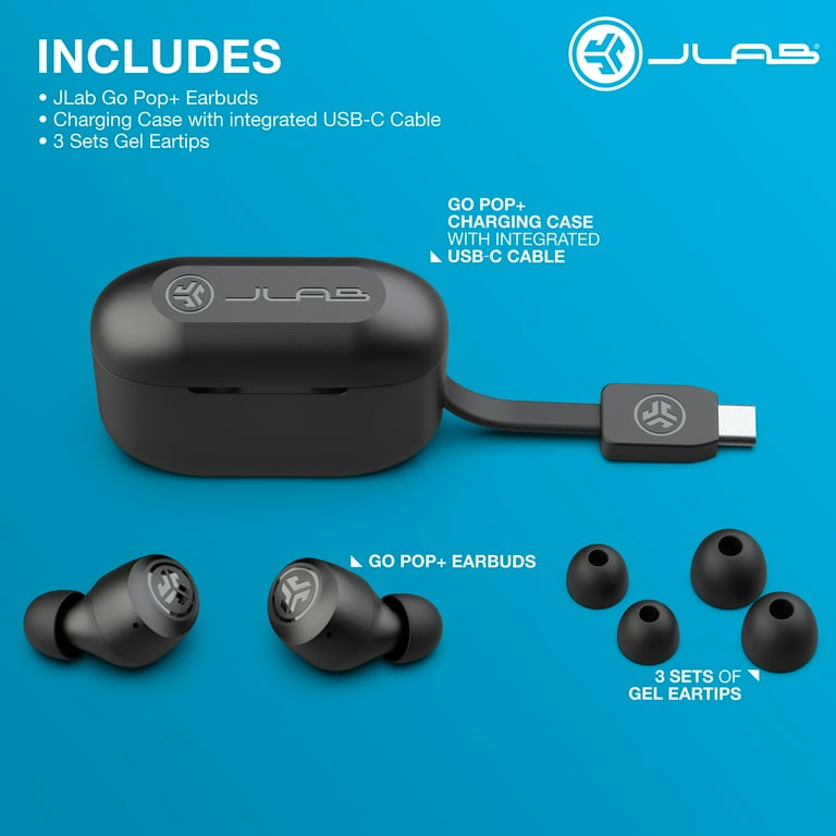 JLab Go Pop True Wireless Bluetooth Earbuds Charging Case Black Custom Sound and Controls via App Dual Connect IPX4 Sweat Resistance Bluetooth 5.3 Be Aware Safety Mode Walmart