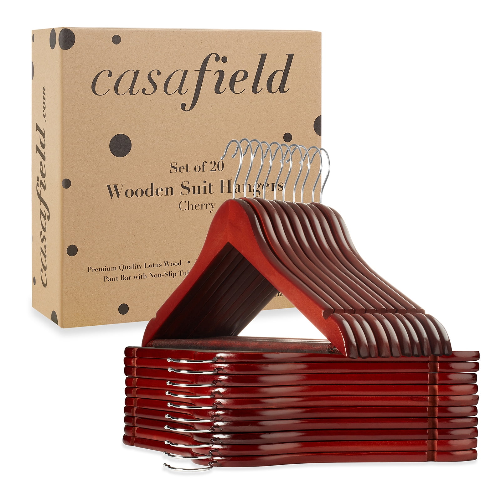 Casafield 20 Wooden Suit Hangers, Cherry - Non-Slip Pant Bar & Swivel Hook