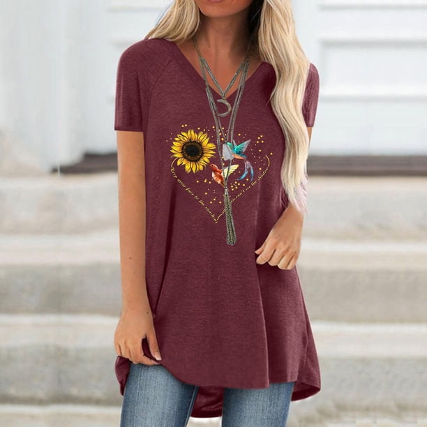 Pntutb Mujer Casual Tallas grandes Impresión Cuello en V Manga corta Camiseta larga Blusa top Pntutb Pntutb-5866