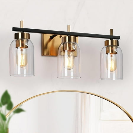 

Mid-Century Modern 3-Light Bathroom Vanity Lights Black Gold Linear Wall Sconces with Cylinder Glass - 20 L