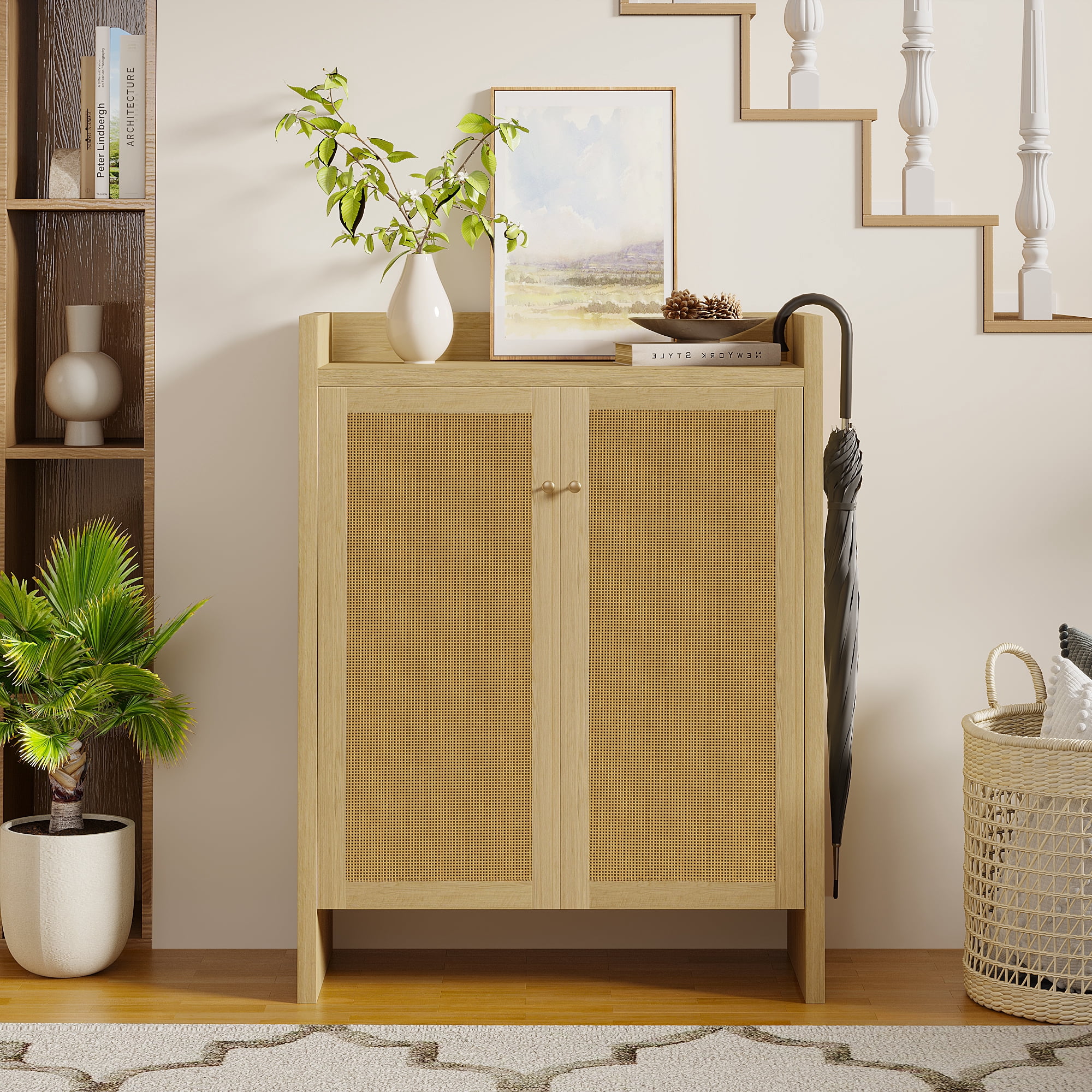 Mintazer 6 Tier Shoe Cabinet with Rattan Door & Umbrella Hook, Shoe Storage Organizer with Adjustable Shelves for Entryway Hallway Living Room, Natural