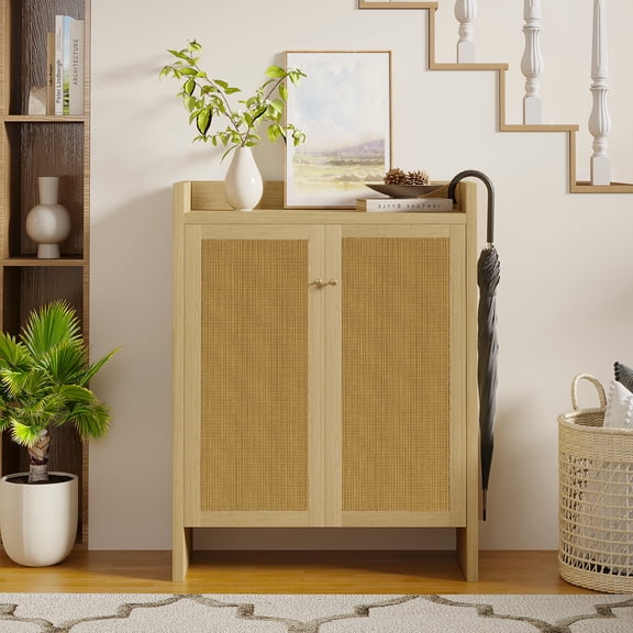 42.5" Tall Rattan Shoe Cabinet with Doors,6-Tier Shoe Storage Cabinet with Adjustable Shelves,Wooden Freestanding Shoe Organizer Shoe Cabinet for Entryway,Hallway,Living Room,Natural