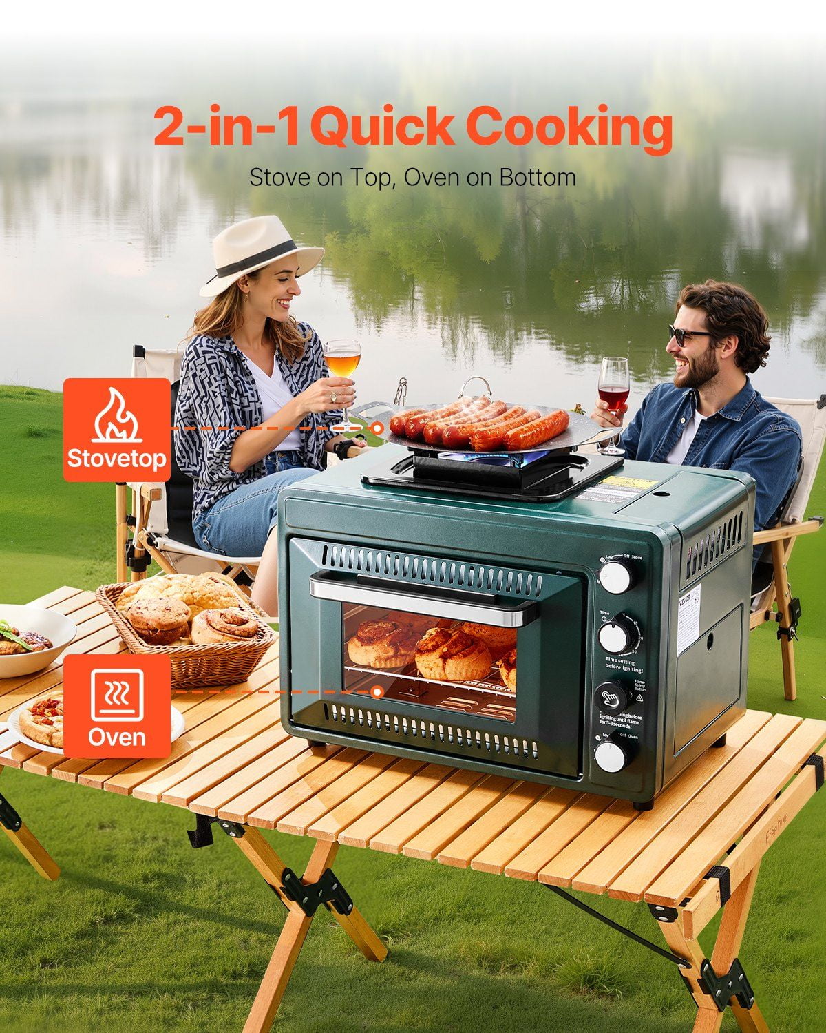 2 in 1 Portable Outdoor Gas Camping Stove Oven Combo Adjustable Fire Windproof 60 Minute Timer with Grill Shelf Roasting Tray for Backyard Picnic Camping Gear